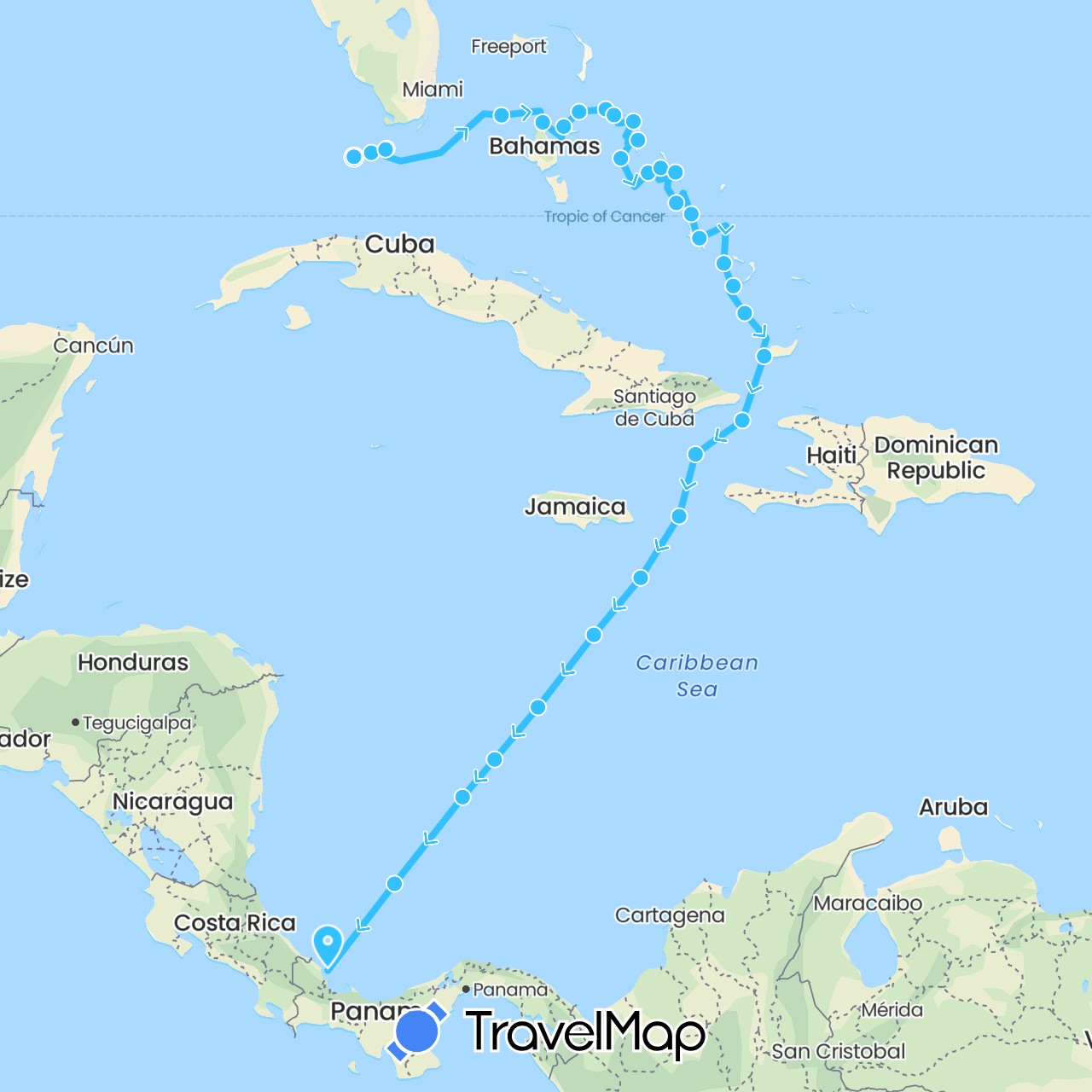 TravelMap itinerary: driving, boat in Bahamas, Panama, United States (North America)